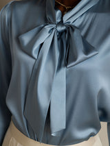[Grayish Blue] SilkSilky  Long Sleeve Tie Neck Women's Blouse 008