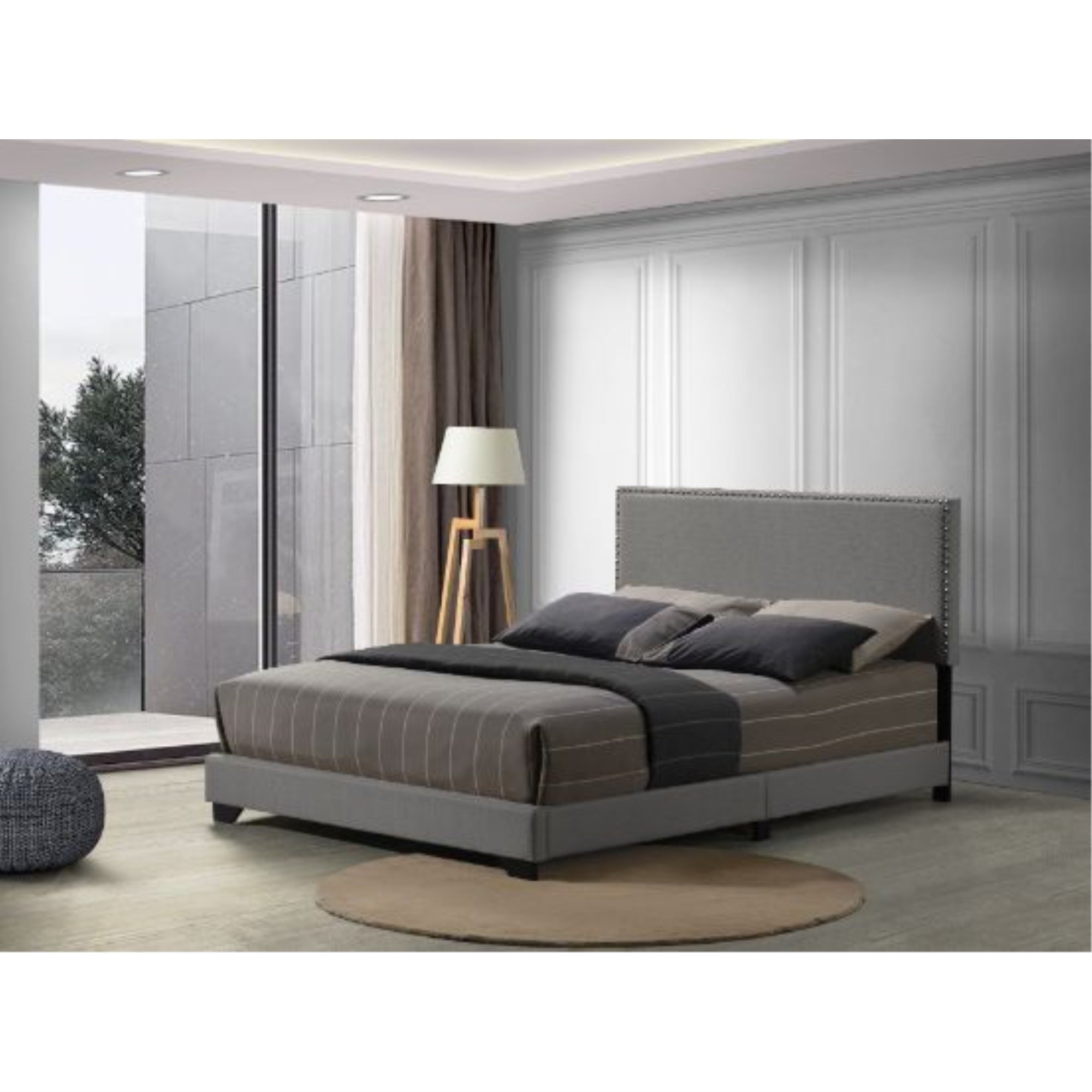 Acme Leandros Fabric Upholstered Queen Bed with Nailhead Trim in Light Gray