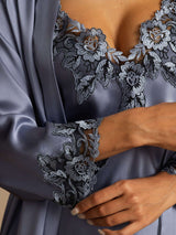[Steel Blue] SilkSilky  3/4 Sleeve V Neck Women's Pajamas 004