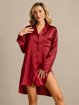[Wine] SilkSilky  Long Sleeve Lapel Collar Nightshirt 003