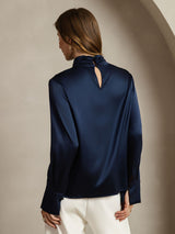 [Dark Blue] SilkSilky  Long Sleeve Keyhole Neck Women's Blouse 002