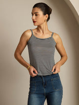 Black and white striped silk camisole top with spaghetti straps and square neckline