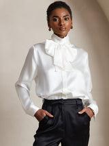 [White] SilkSilky  Long Sleeve Tie Neck Blouse 001