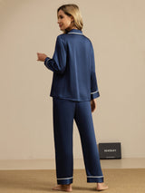 [Dark Blue] SilkSilky  Long Sleeve Lapel Collar Women's Pajamas 002