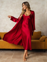 [Wine] SilkSilky  Long Sleeve V Neck Nightgown&Robe Set 001