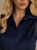 [Dark Blue] SilkSilky  Sleeveless Lapel Collar Women's Shirts 004
