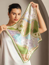 53x53cm mulberry silk square scarf with green trim and multicolor patchwork floral design