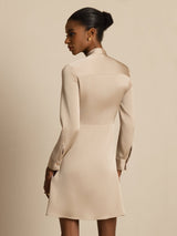 Beige silk tie-neck short shirt dress with long sleeves and vertical pleats, back view