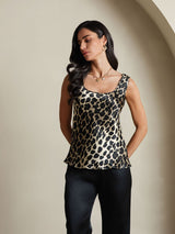 Leopard print sleeveless silk tank top with U-neck and straight fit