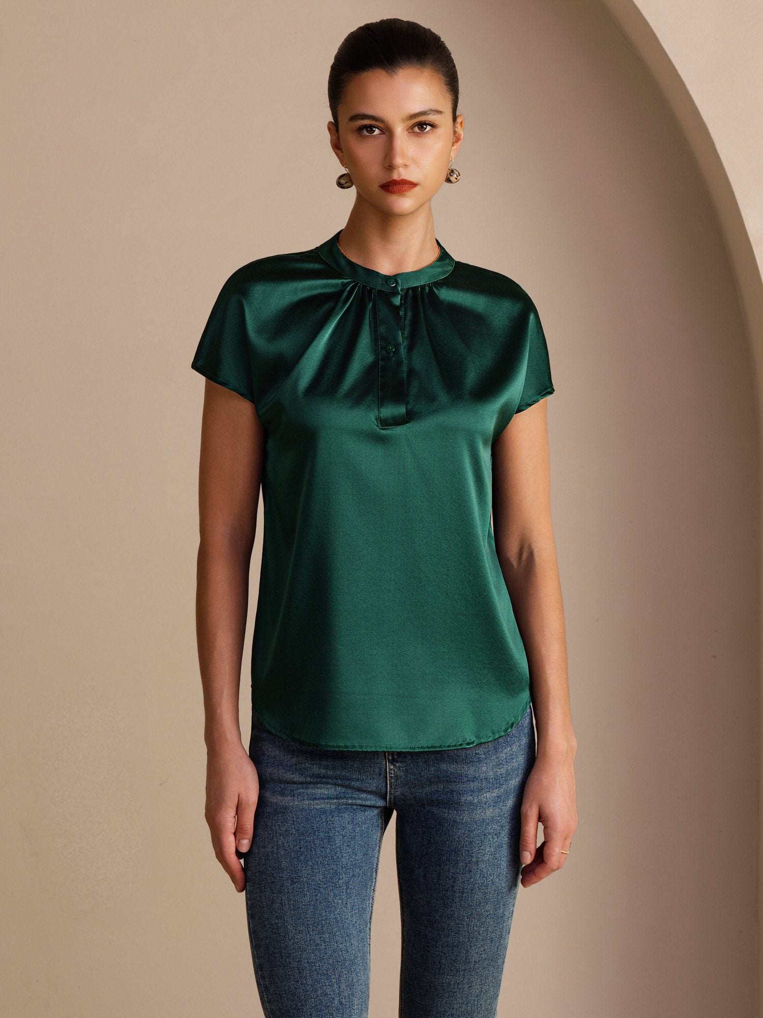 [Dark Green] SilkSilky  Short Sleeve Split Women's Blouse 001