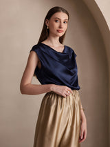 [Dark Blue] SilkSilky  Cap Sleeve Cowl Neck Women's T-Shirt 005