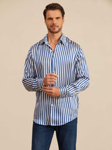 [Navy Stripe] SilkSilky  Long Sleeve Lapel Collar Men's Shirt 003