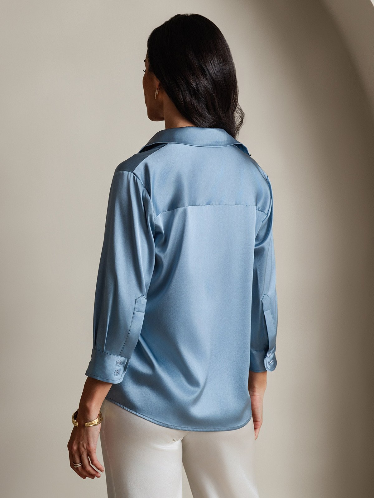 [Grayish Blue] SilkSilky  3/4 Sleeve Lapel Collar Women's Shirts 002