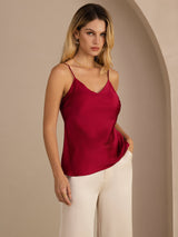[Wine] Red 100% Mulberry Silk women's camisole top with adjustable spaghetti straps and V neck 001