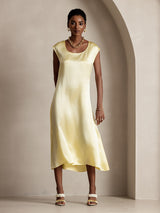 Pale yellow silk midi dress with round neck and cap sleeves