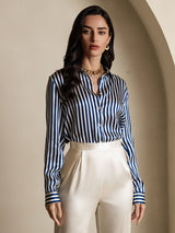 [Navy Stripe] SilkSilky  Long Sleeve Lapel Collar Women's Shirts 004