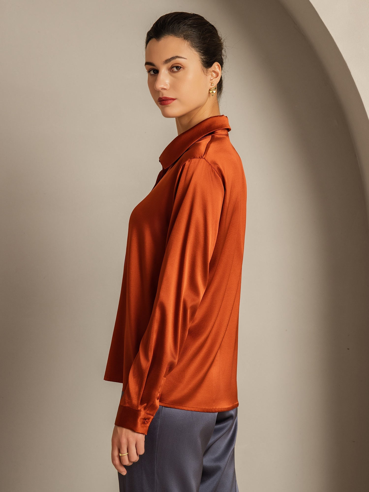 [Caramel] SilkSilky  19Momme Long Sleeve Lapel Collar Women's Shirt 002