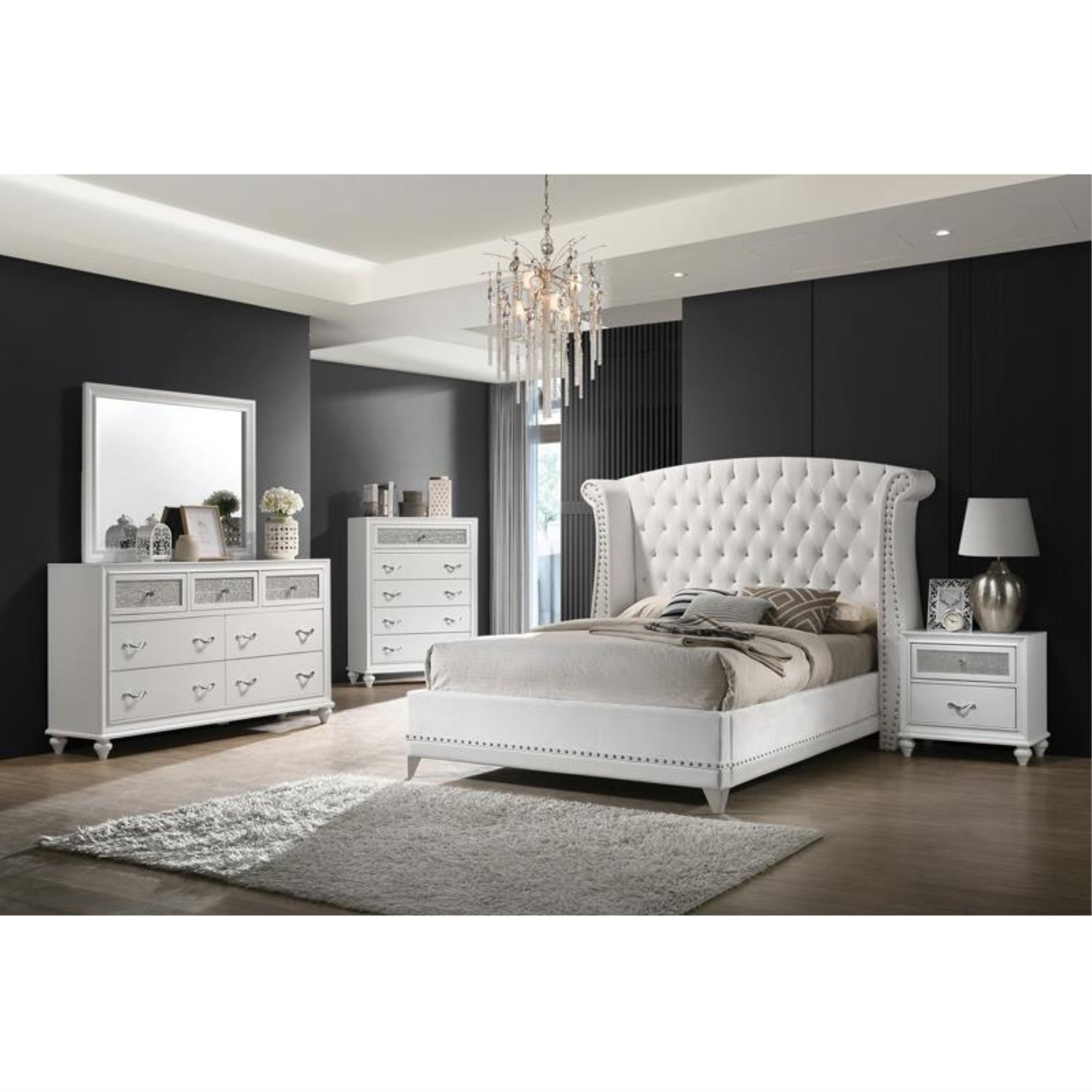 Coaster Home Furnishings Barzini Modern Classic 5-Piece Bedroom Set Velvet Upholstered Queen Size Wingback Bed Frame 63-inch Headboard White 300843Q-S5