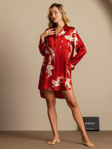 [Dark Red] SilkSilky  Long Sleeve Lapel Collar Nightshirt 006