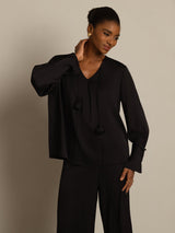 [Black] SilkSilky  Long Sleeve V Neck Women's Blouse 004
