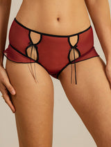 Burgundy sheer silk cut-out panties with black trim and front tie details
