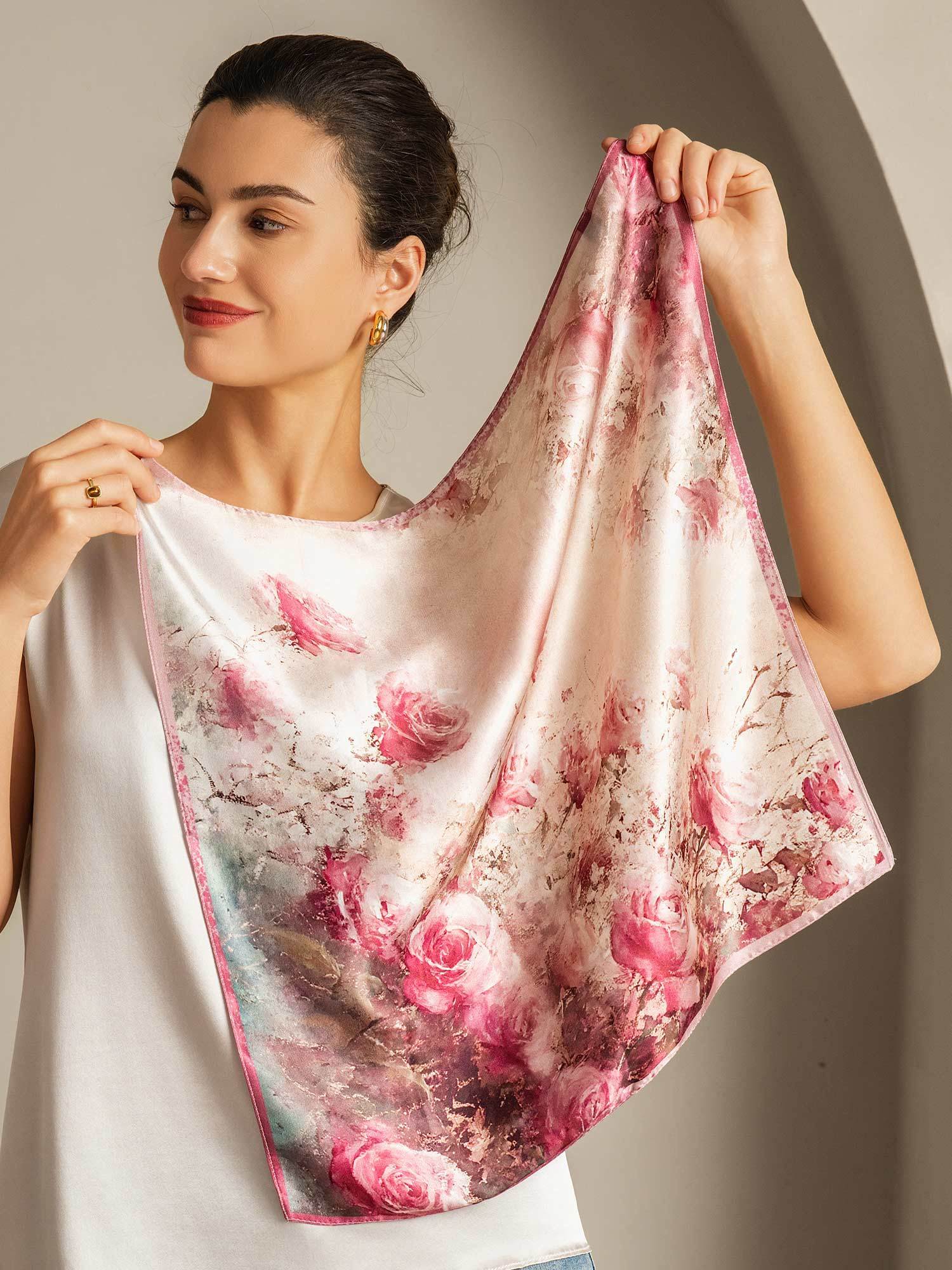 Pink rose pattern 100% mulberry silk square scarf, 53x53cm