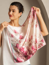 Pink rose pattern 100% mulberry silk square scarf, 53x53cm