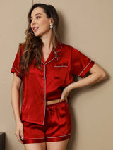[Wine] SilkSilky  Short Sleeve Lapel Collar Women's Pajamas 005