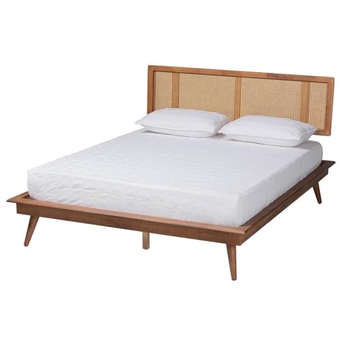 Baxton Studio Nura Mid-Century Modern Walnut Brown Finished Wood And Rattan Full Size 4-Piece Bedroom Set