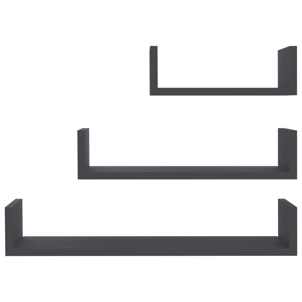 vidaXL Engineered Wood Wall Display Shelves, Set of 3, U-Shaped, Gray, Easy to Assemble, Suitable for Multiple Rooms