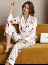 White mulberry silk butterfly print long sleeve pajama set with notch collar