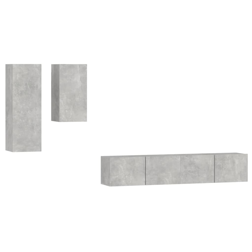 vidaXL TV Stand Set 4 Piece, Wall Mounted Entertainment Center, TV Stand Console with Storage, Modern Style, Concrete Gray Engineered Wood