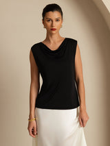 Black silk sleeveless cowl neck top with regular fit for women