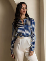 [Navy Stripe] SilkSilky  Long Sleeve Lapel Collar Women's Shirts 006