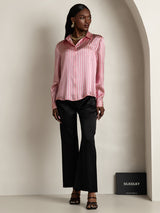 [Pink Stripe] SilkSilky  Long Sleeve Lapel Collar Women's Shirts 008
