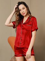 [Wine] SilkSilky  Short Sleeve Lapel Collar Women's Pajamas 003