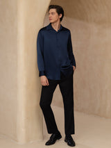 [Dark Blue] SilkSilky  Long Sleeve Lapel Collar Men's Shirt 008