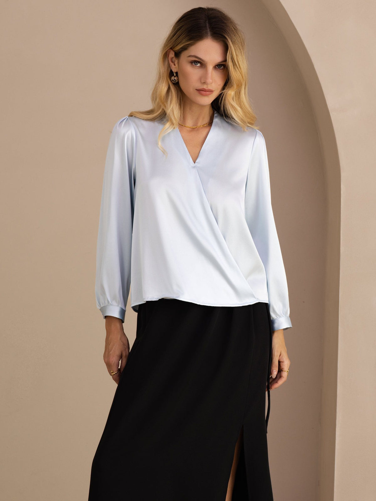 [Light Blue] SilkSilky  Long Sleeve Wrap Women's Blouse 001