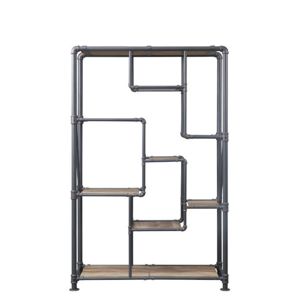 Acme Brantley Rectangular Metal Bookshelf in Antique Oak and Sandy Gray