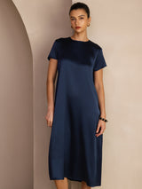 [Dark Blue] SilkSilky  Short Sleeve Crew Neck Dress 005
