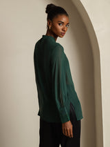 [Dark Green] SilkSilky  Long Sleeve Lapel Collar Women's Blouse 006
