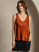 Rust orange silk sleeveless V-neck tank top with straight fit