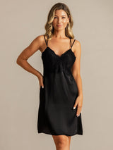 [Black] Black silk spaghetti strap lace V-neck backless short nightgown on model 003
