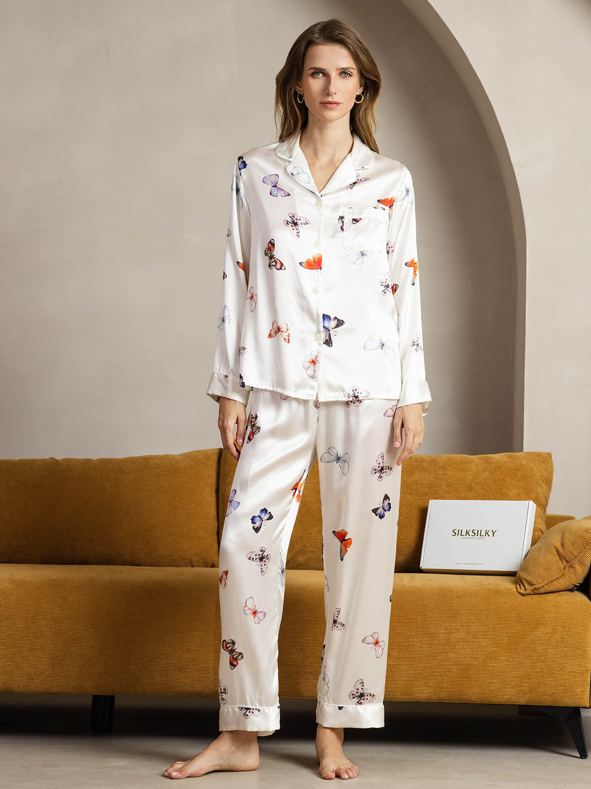 Women's white mulberry silk butterfly print pajama set with long sleeves and notch collar