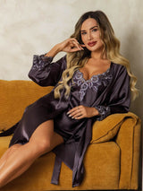 [Purple Gray] SilkSilky  3/4 Sleeve V Neck Women's Pajamas 005