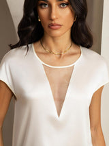 White silk blend cap sleeve top with sheer V insert and round neckline