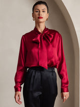 [Wine] SilkSilky  Long Sleeve Tie Neck Women's Blouse 001