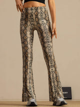 High-waisted silk jersey flare pants with beige snake print and slim fit