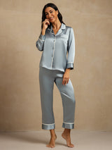 [Grayish Blue] SilkSilky  Long Sleeve Lapel Collar Women's Pajamas 006