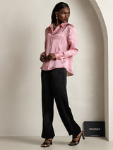 [Pink Stripe] SilkSilky  Long Sleeve Lapel Collar Women's Shirts 007